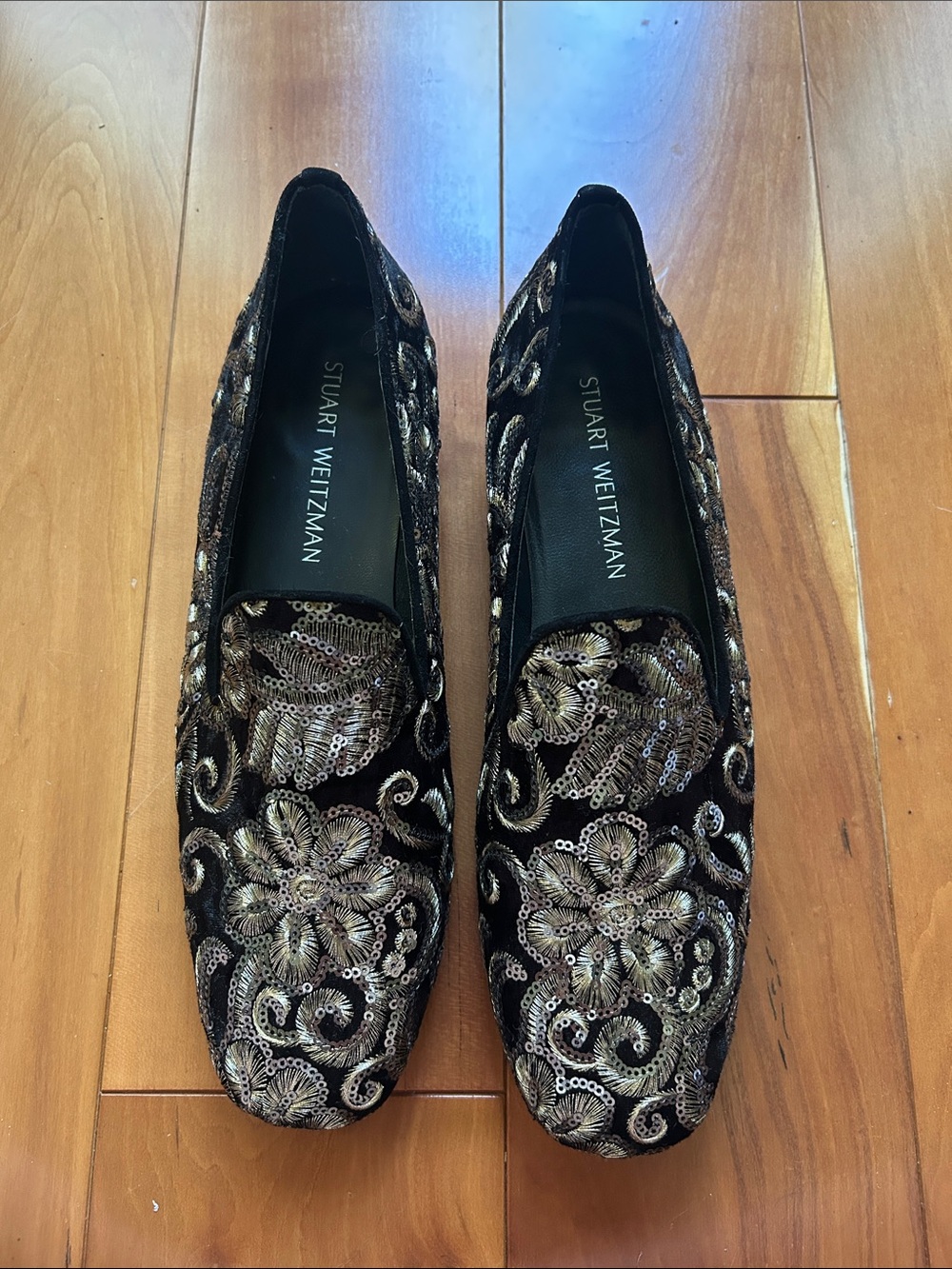 Stuart Weitzman Black Velvet Embellished Floral Loafers